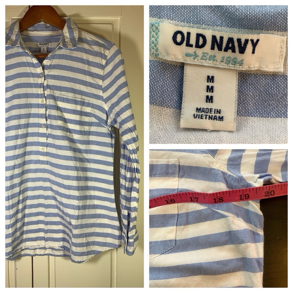 Old Navy Top Womens Medium Blue Striped Oxford‎ Popover Tunic Coastal Preppy